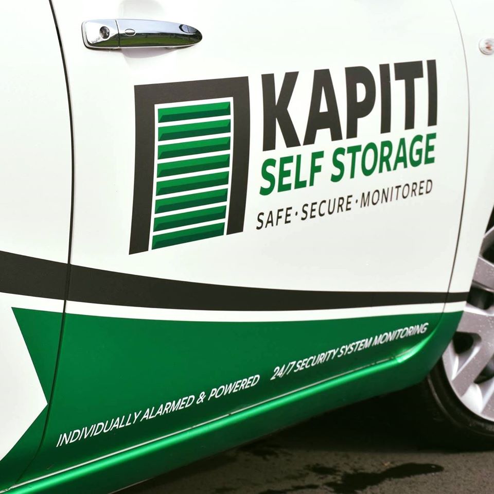 Kapiti Self Storage branded vehicle — individually alarmed and powered units, 24/7 security system monitoring